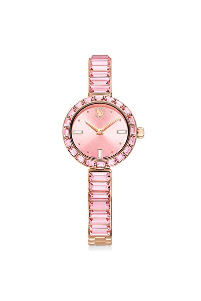 Swarovski Matrix Bangle Saat, Isviçre Üretimi, Kristal Bileklik, Pembe, Pembe Altın Rengi Yüzey