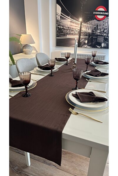 Decamor home Keten Dokulu Kahverengi Runner Dertsiz Kumaş 1 Ad Runner