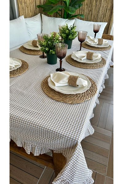 Decamor home Thin Linen Beige Gingham Ruffled Tablecloth