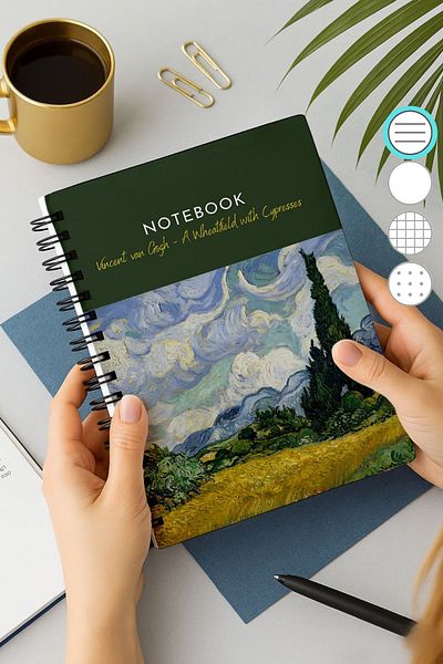Eldesen Tasarım A5 Spiral Thick Cover Lined Notepad, 80 Sheets 160 Pages, Van Gogh