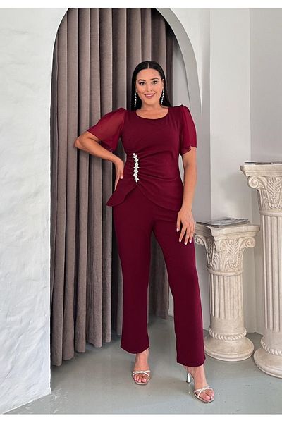 Butik Nilyam Women's Plus Size Crew Neck Chiffon Sleeve Waist Drape Stone Detail Blouse Pants Bottom Top Set 24791