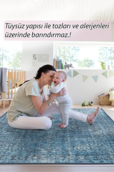 Foldy Eskitme Desenli Dokuma Taban Dekoratif Mavi Halı FL 30
