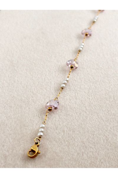 Siya Silver Special Series Pearl Detailed Pink Butterfly Steel Anklet
