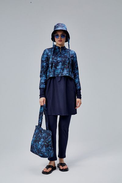 MASSMİZO Midnight Blue Women's Short Patterned Zippered Full Covered Hijab Swimsuit Set of 3