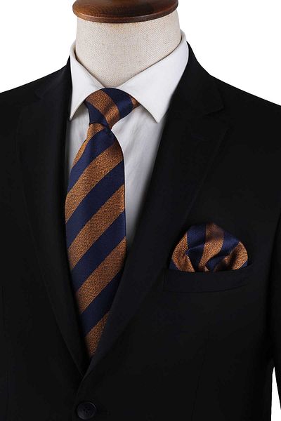 Kravatkolik Yellow - Navy Blue Stripe Pattern Classic Tie with Handkerchief Kk13145