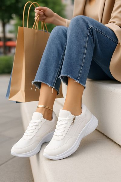 Bitmedeniste Pantofi sport ortopedici albi pentru femei, cu talpă groasă, pantofi casual cu fermoar
