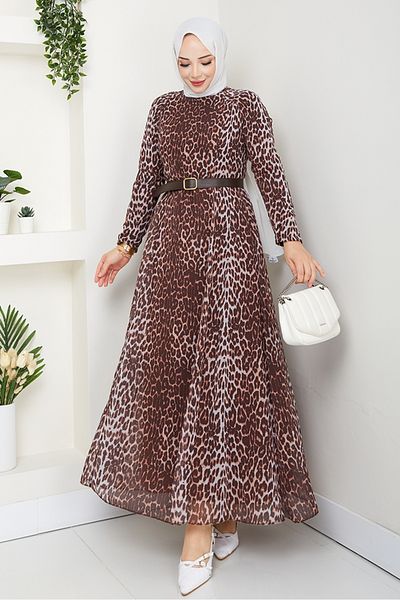 Bestenur Φόρεμα σιφόν Leopard Pattern 1350 - Καφέ