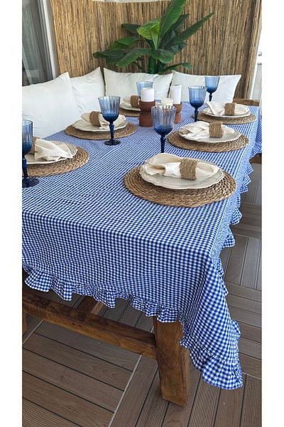 Decamor home Thin Linen Navy Blue Gingham Ruffled Tablecloth