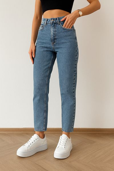 DELDNM Yasmina Denim Albastru Deschis Talie Înaltă Lycra Casual Mom Jeans Boyfriend