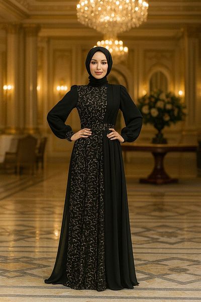 Neva Style Златна вечерна рокля с пайети и хиджаб 5408златна