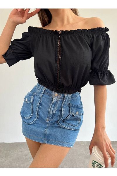 lovebox Țesătură de bumbac pentru femei, guler fără bretele, talie elastică, detaliu, design elegant, bluză neagră 40/42 cm 10369