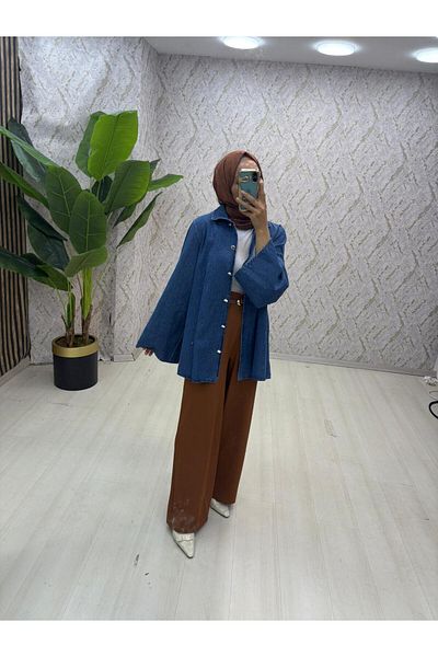 zümrüt moda Belted Denim Jacket and Wide Leg Pants, Double Denim Suit 1797