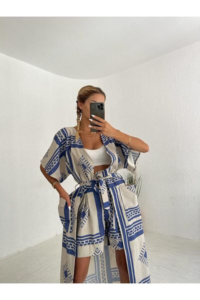 SHUGAA Set kimono de vară din in, cu pantaloni scurți cu model etnic pentru femei