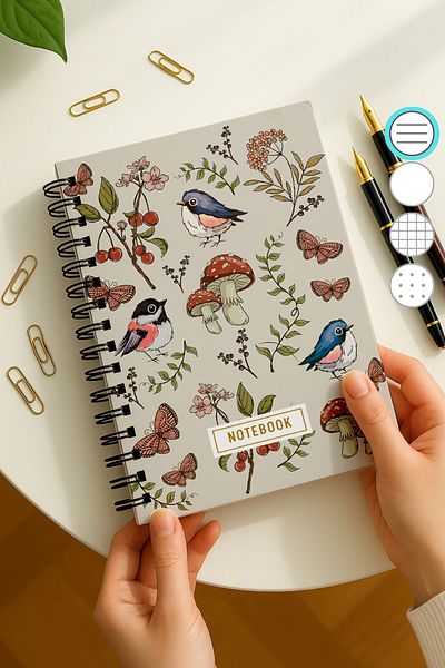 Eldesen Tasarım A5 Spiral Thick Cover Lined Notepad, 80 Sheets 160 Pages, Mushroom
