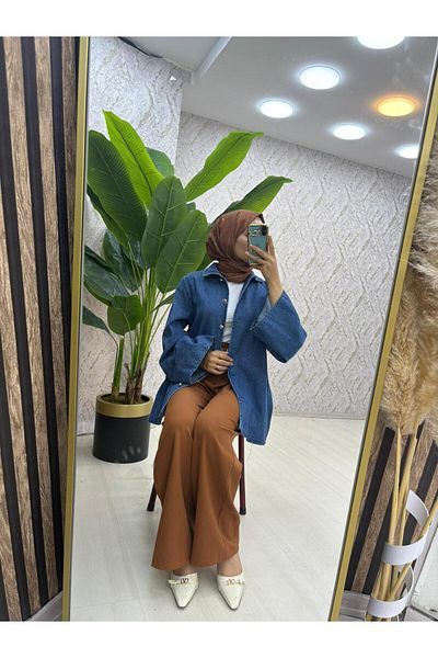 zümrüt moda Belted Denim Jacket and Wide Leg Pants, Double Denim Suit 1797