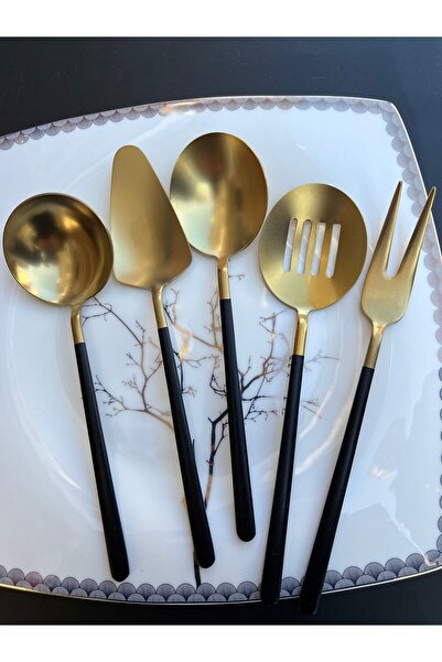 Demir Çeyiz Dmr Life 5 Piece Titanium Matte Gold Black Sauce Serving Set (Small Size)