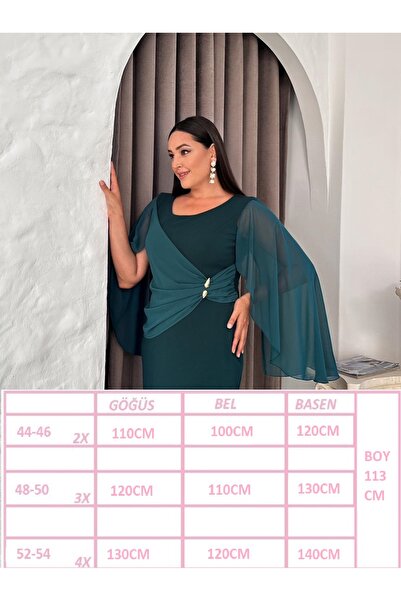 Butik Nilyam Women's Plus Size Crew Neck Drape Chiffon Detail Brooch Midi Stretchy Evening Dress 24860