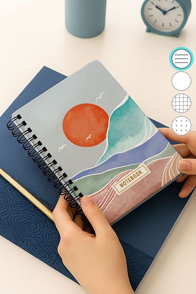Eldesen Tasarım A5 Spiral Thick Cover Lined Notepad, 80 Sheets 160 Pages, Blue Boholo