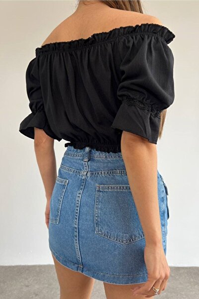 lovebox Women's Cotton Fabric Strapless Collar Waist Elastic Detailed Stylish Design Black 40/42 Cm Blouse 10369