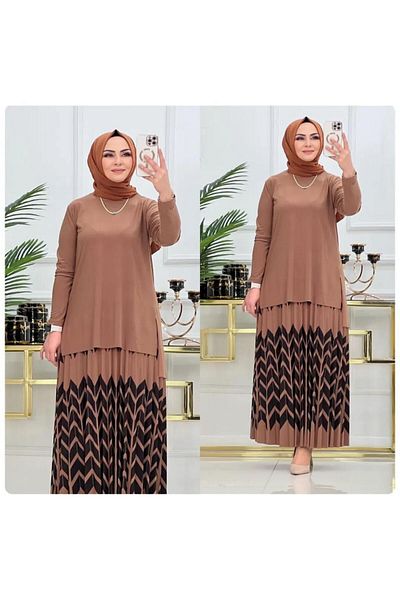 NİSUM MODA Zigzag Patterned Sandy Skirt Suit