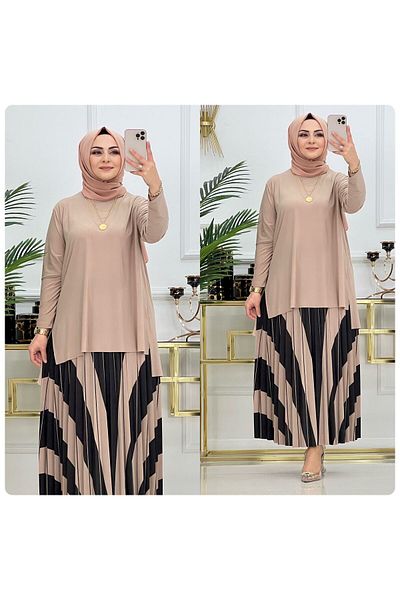 NİSUM MODA Piece Patterned Sandy Skirt Suit