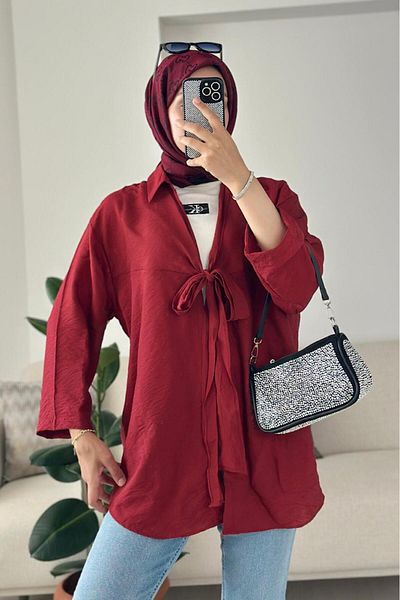 HİFADEN Women's Bow Tie Shirt Collar Hijab Kimono