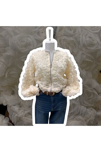 BelezaStore Ecru 3D Rose Jacket and Cardigan