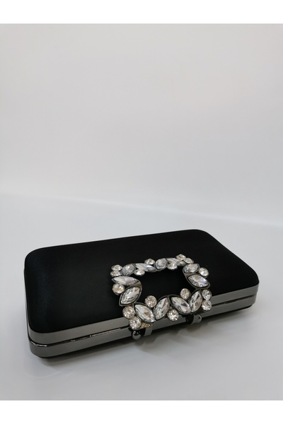 NAZART DÁMSKÉ SATÉNOVÉ ČERNÉ VEČERNÍ ŠATY S KAMENNOU PŘEZKOU SPOJKY PORTFOLIO RUČNÍ SVATEBNÍ ZÁSNUBNÍ VEČERNÍ TAŠKA