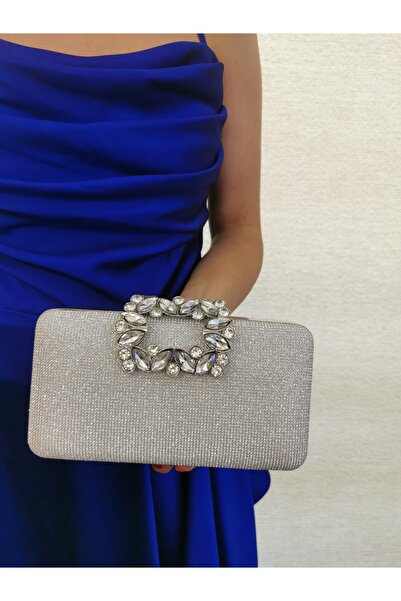 NAZART Women's Big Stone Look Silver Evening Dress Clutch Chain Strap Hand Wedding Engagement Night Shoulder Bag