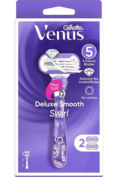 Venüs ماكينة حلاقة جيليت فينوس ديلوكس سموث سويرل للنساء مع 5 شفرات ديلوكس، 2 ماكينة حلاقة - عبوة من قطعة واحدة