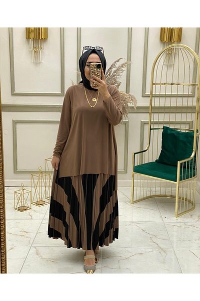NİSUM MODA Piece Patterned Sandy Skirt Suit