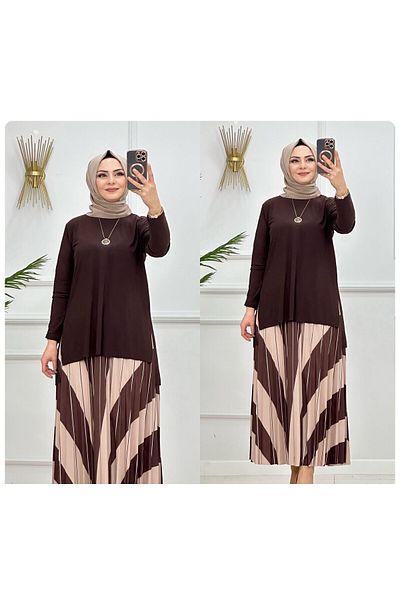 NİSUM MODA Piece Patterned Sandy Skirt Suit