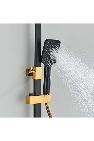 CasaVie Shower Column With Thermostat And Temperature Display, Black With Gold, With Rain Effect, 1431
