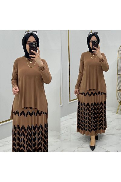 NİSUM MODA Zigzag Patterned Sandy Skirt Suit