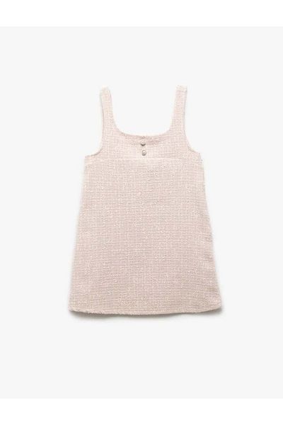 Koton Girl's Strap Pearl Button Detailed Round Neck Tweed Gilet Dress 5Skg80067Aw Pink