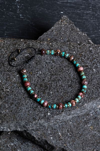 OSMANLI DOĞAL TAŞ Certified Rhodonite, Turquoise Natural Stone Macrame Bracelet