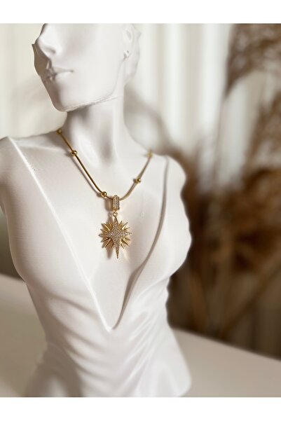 GIFTPALACE Işıltılı Kutup Yıldızı Zirkon Taşlı Altın Renk Çelik Kolye – 14k A...