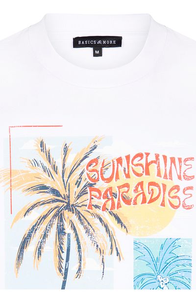 Basics&More Men's White Printed Cotton T-Shirt - Sunshine Paradise