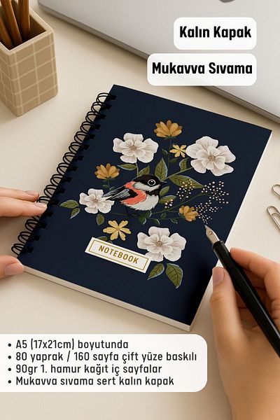 Eldesen Tasarım A5 Spiral Thick Cover Unlined Notepad, 80 Sheets 160 Pages, Blue Bird