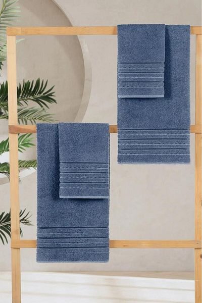 MODALİN 4-Piece Bath Towel Set Dora Indigo - 70X140Cm X2 / 50X90Cm X2