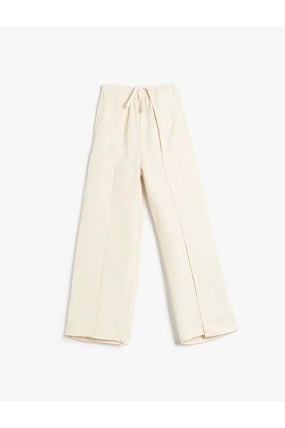 Koton Girl's Waist Lace-Up Viscose and Linen Blended Wide Leg Trousers 5Skg40065Aw Beige