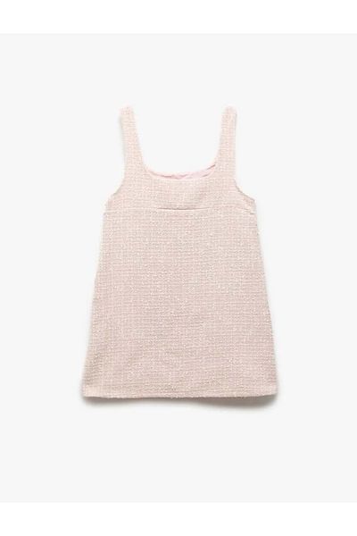 Koton Girl's Strap Pearl Button Detailed Round Neck Tweed Gilet Dress 5Skg80067Aw Pink