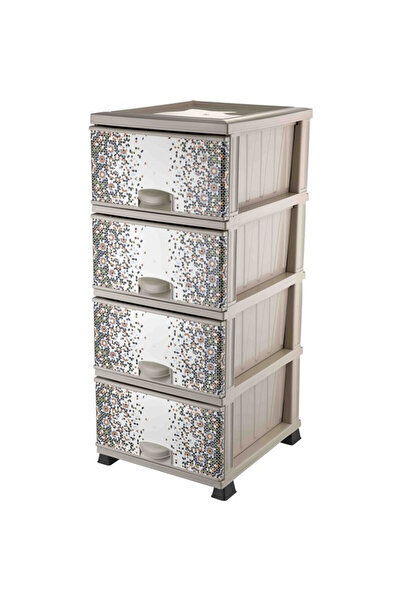 LeesHome Büyük Boy Kapaklı 4 Katlı Çiçek Desenli Krem Plastik 4 Çekmeceli Kom...