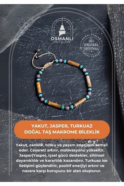 OSMANLI DOĞAL TAŞ Certified Ruby, Jasper, Turquoise Natural Stone Macrame Bracelet