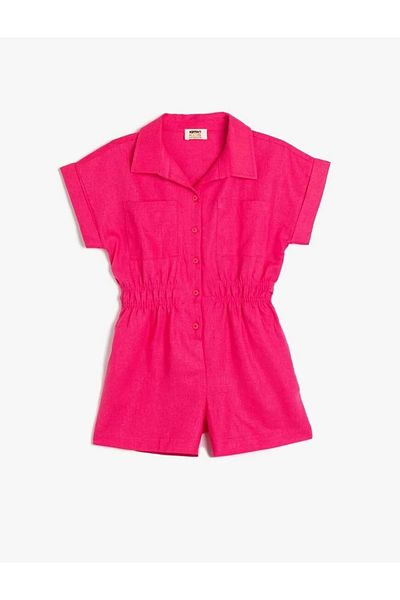 Koton Short Sleeve Pocket Detailed Linen Short Jumpsuit 5Skg40108Aw Pink