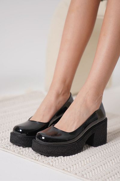 Zerenyus Talya Premium Black Patent Leather Platform Heeled Women's Casual Shoes