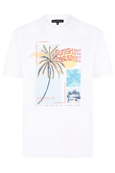 Basics&More Men's White Printed Cotton T-Shirt - Sunshine Paradise