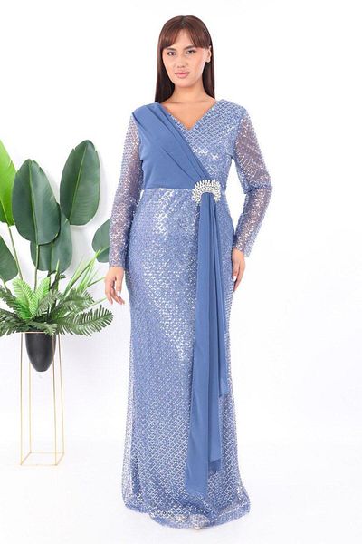 Robes Decolteu în V Accesoriu din piatră Detaliu din șifon Rochie de seară cu mâneci lungi și mărimi mari