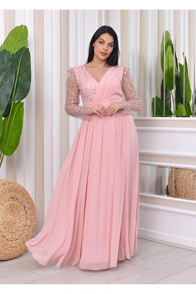 Robes V-Neck Bead Embroidered Long Sleeve Chiffon Evening Dress - Lined Princess Design