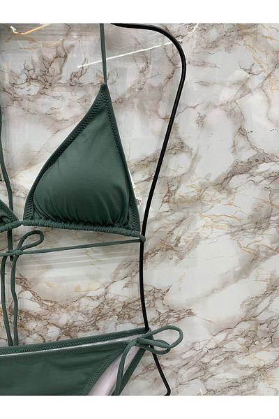 XORVİO Women's New Season Lycra Stretchy Side Neck Tie Stylish Drawstring Triangle Pistachio Green Bikini Set